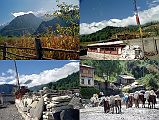 308 Nilgiri From Larjung, Prayer Wheels At Larjung And After Larjung, Donkey Train Near Kalopani UL Nilgiri Central (6940m) and Nilgiri South (6839m) across from Larjung.  UR By the time I got to Khobang's twin-village of Larjung (2560m) the clouds totally covered Dhaulagiri. �The Sherpas took us by way of Larjung, no doubt so that they could spin the prayer-wheels� (Maurice Herzog, Annapurna). LL At the bend in the river between Larjung (2560m) and Kalopani (2530m) is the deepest gorge in the world. Annapurna I (8091m) and Dhaulagiri (8167m) are 35km apart on either side of the valley, while the bottom of the valley is at 2540m. LR: Donkey trains are a common feature on the west side of the Annapurna region and are used to ferry goods between the remote mountain villages.